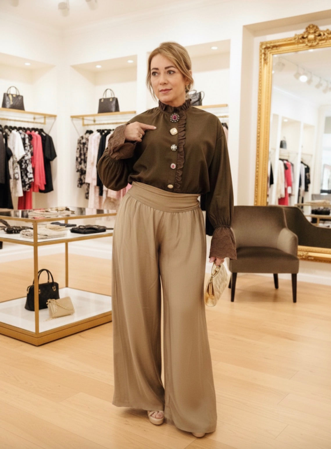Victorian Elegance Blouse – Mocha brown with Jewel Button Detail