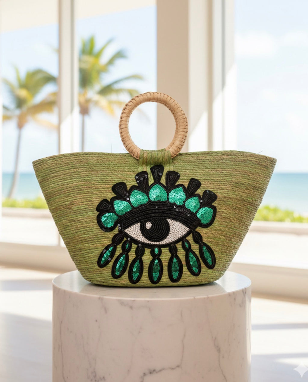 Mystic Palm Embroidered Straw Tote
