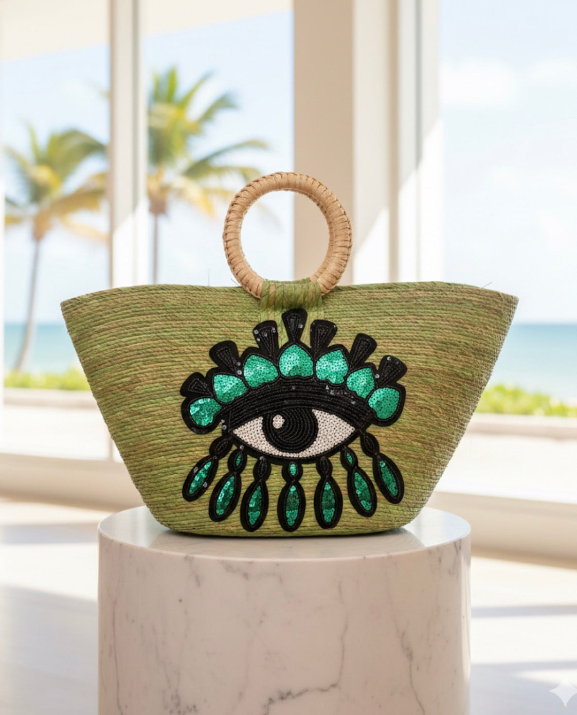 Mystic Palm Embroidered Straw Tote