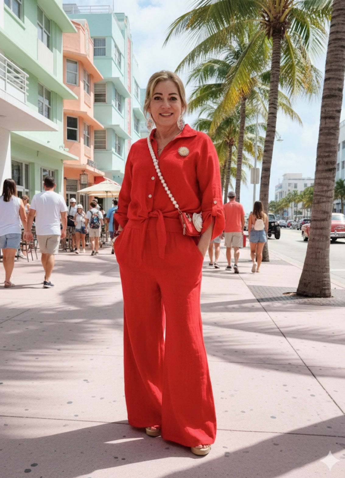 Premium Linen Two-Piece Relaxed Set - Tied Front Blouse & High-Waist Wide-Leg Pants - Tropical Red one size