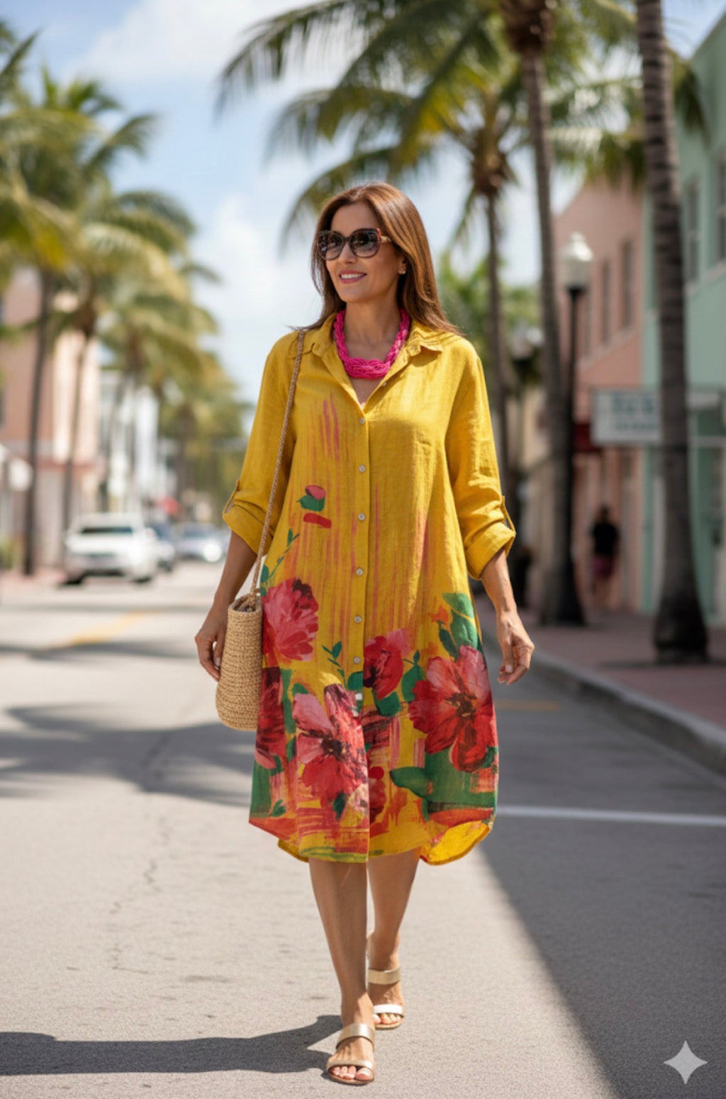 Italian Floral Sun-Yellow Linen Maxi Dress