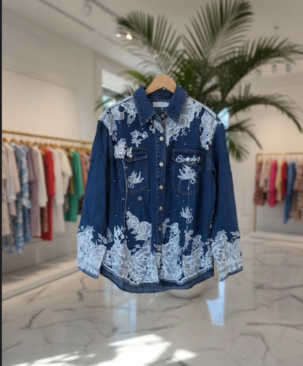Vintage-Inspired Lace Denim Overshirt – Artistic Embroidered Jean Jacket