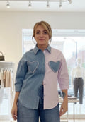 Two-Tone Heart Patch Denim & Pastel Shirt
