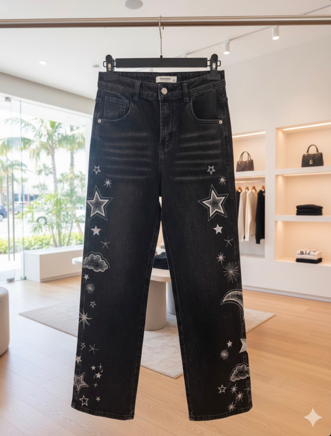Celestial Embroidered High-Rise Straight Leg Jeans in Washed Black