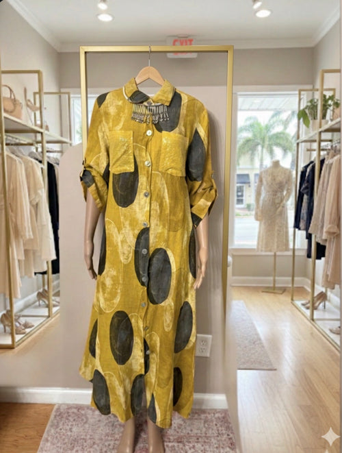 Bold Ochre & Charcoal Abstract Linen Maxi