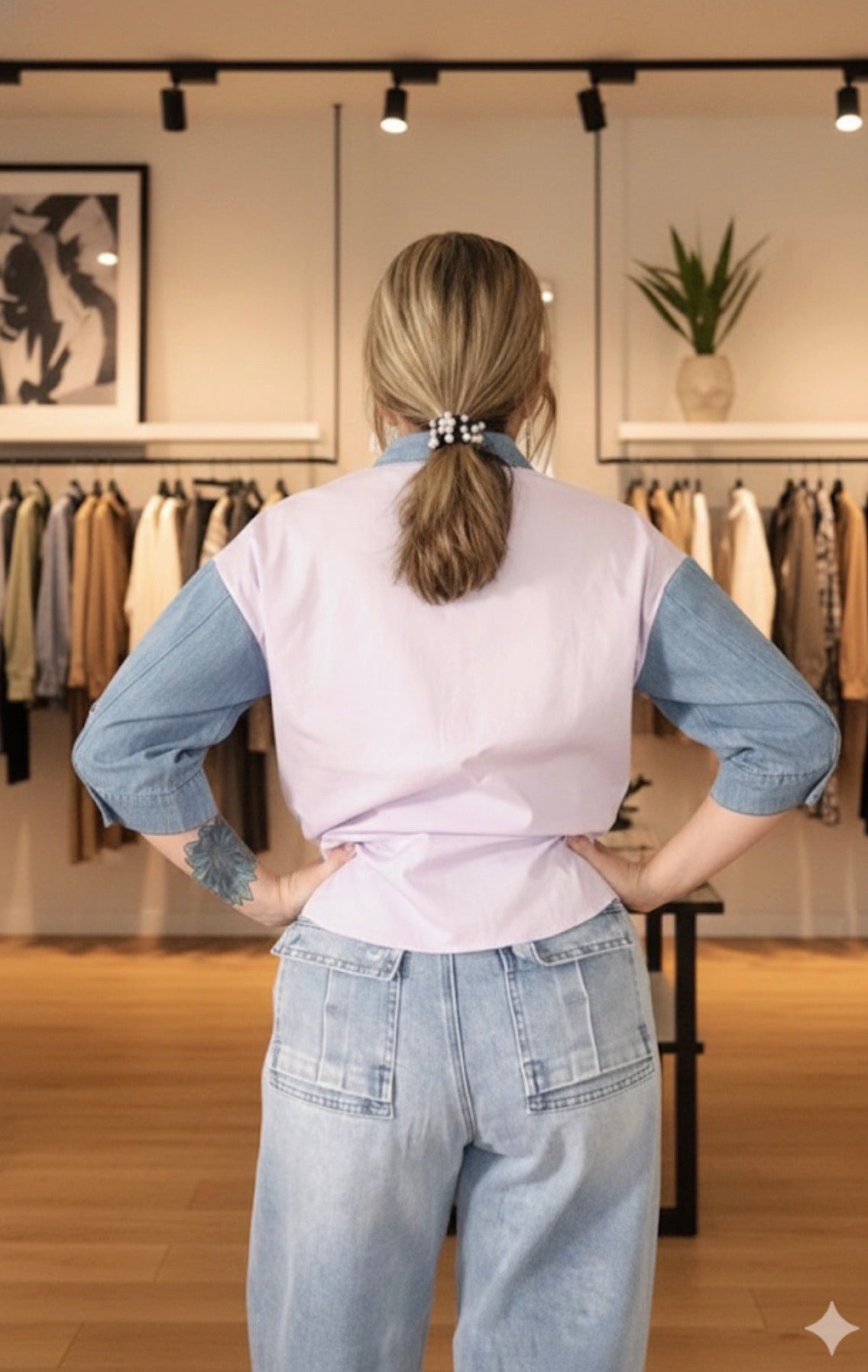 Two-Tone Heart Patch Denim & Pastel Shirt