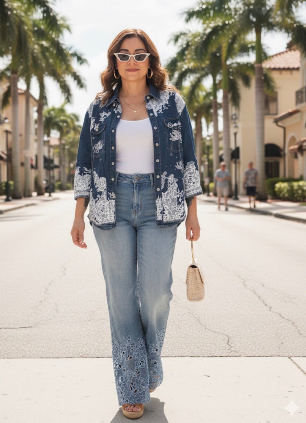 Vintage-Inspired Lace Denim Overshirt – Artistic Embroidered Jean Jacket